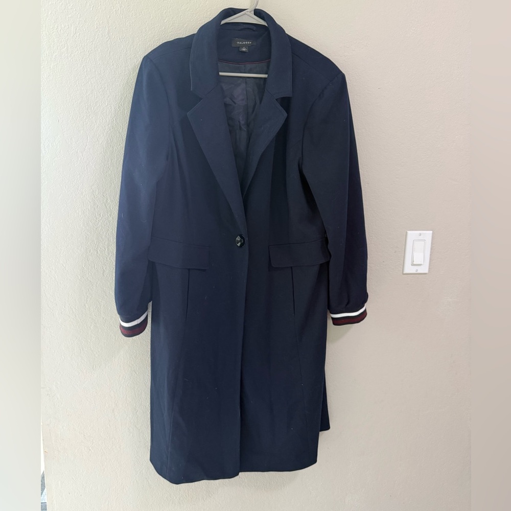 Halogen Navy Longline Coat with Stripe Cuff Detail Women’s XL